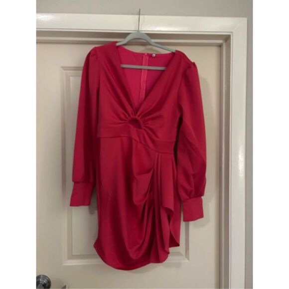 NEW Hot Pink Deep V-Neck Long Sleeve Cutout Bodycon Mini Dress XL - Picture 1 of 7